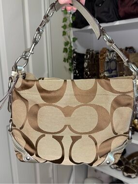 Coach Carly Beige and Brown Silver Trim Signature Jacquard Shoulder Bag
